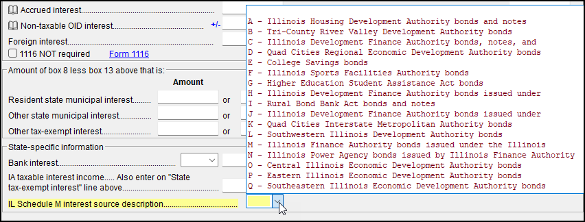 Image of IL Schedule M Interest source description drop list on screen INT